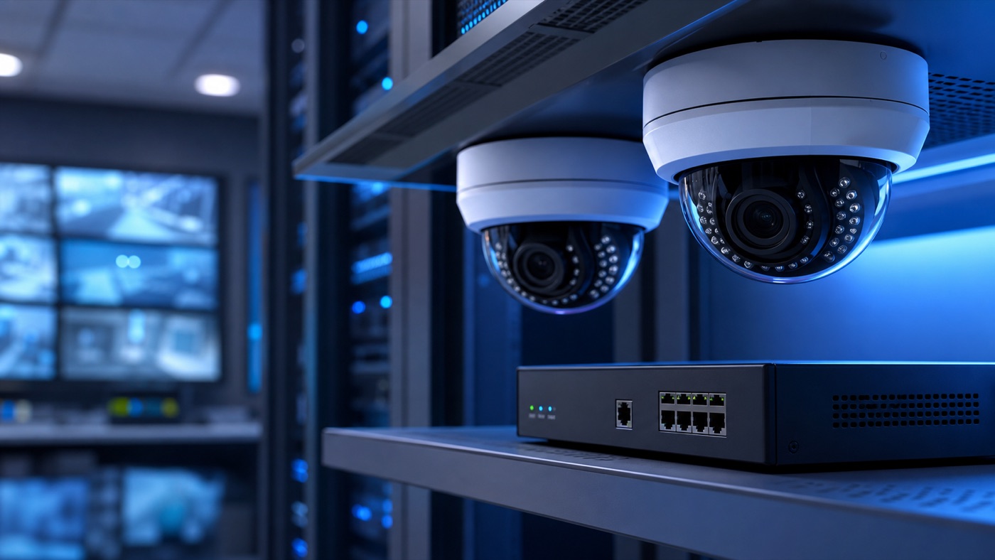 Blue IP dome cameras with surveillance network equipment